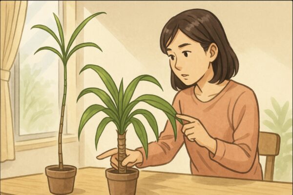 室内で、日本人女性が2つのドラセナを並べて置き、片方の徒長した細長い茎を指で示し、もう片方の葉の過伸長を手で持ち上げて比較している。窓際からの光の当たり方も確認しながら、原因を分析する姿。