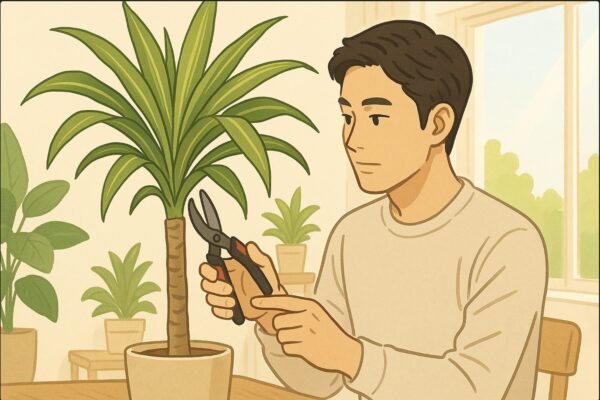 日本人男性が明るい室内で、大きく育ったドラセナを前に剪定ハサミを手に取り、どの位置を切るか慎重に見定めている。背景には観葉植物が並び、自然光が差し込むリビング。穏やかな表情、清潔感のある雰囲気。