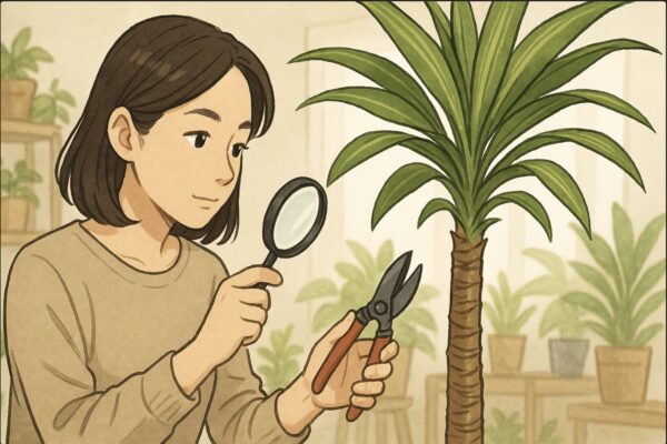 日本人女性がドラセナを観察しながら、幹の健康状態を確認している。手にはルーペと剪定バサミを持ち、株元や葉の艶を丁寧にチェック。背景は明るい室内の植物コーナー。