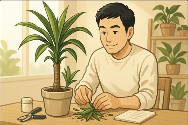 日本人男性が剪定を終えたドラセナを前に、切った枝を整理している。机の上には清潔なハサミと癒合剤、明るい室内で達成感のある表情。植物棚が背景にある。