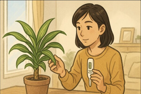 日本人女性が窓際の明るい日陰で、ドラセナを前に「光・水・温度」をチェックしている様子。片手で葉の色を確認しながら、もう片手で温度計を持つ。生活感のあるリビング背景。