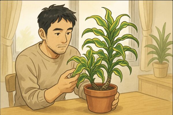 日本人男性がドラセナを前に、植え替え道具（鉢、土、ハサミ）を並べて作業準備をしている様子。真剣な表情で根鉢部分を確認している。