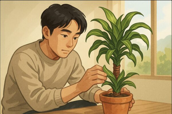 室内の明るい日陰で、日本人男性が健康なドラセナを両手で支えながら、葉のねじれを丁寧に観察している。鉢の周囲には柔らかな自然光が入り、植物の状態を慎重に確認している雰囲気。