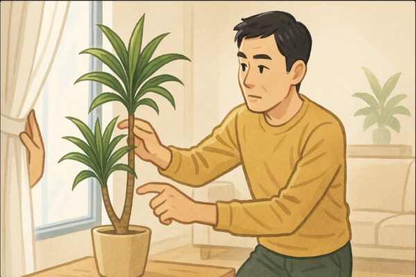 日本人男性が室内でドラセナを前に、置き場所を調整するため窓際と部屋中央を比較するような動作をしている。片手でレースカーテンを少し持ち上げ、光量を確認する仕草。明るい自然光。