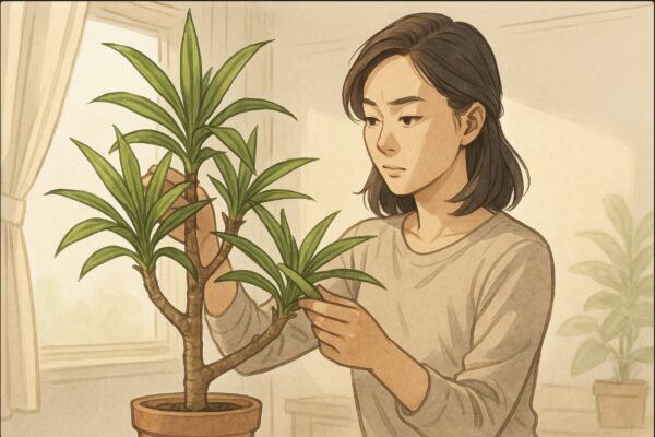 日本人女性がドラセナの枝を手に取り、全体の形を俯瞰しながら剪定箇所を見極めるように角度を変えて観察している。葉の位置や茎の高さを慎重に確認する所作。