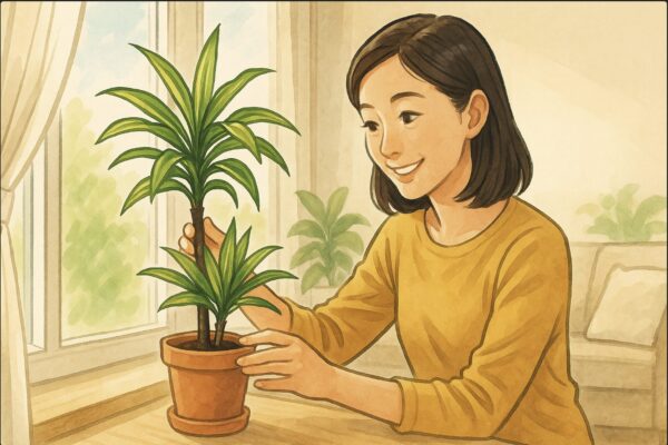 ドラセナを手にした日本人女性が、自宅リビングでドラセナ・ナビーの全体を明るい窓辺に置きながら観察している。葉の密度や樹形を丁寧に確認して微笑む姿。周囲は柔らかな日差しの室内。動作が明確な構図。