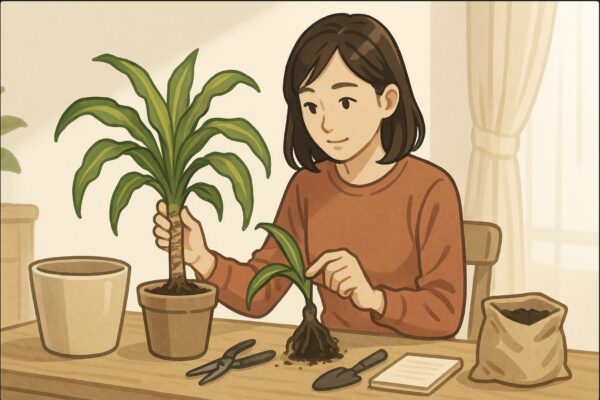 日本人女性が園芸用のハサミと新しい鉢、培養土を準備し、植え替え前のドラセナを前に計画を立てているシーン。テーブルの上に道具が並ぶ。明るい昼間の屋内。