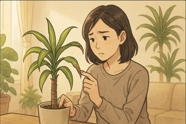 日本人女性がリビングで、葉先が茶色くなったドラセナ・マッサンゲアナを手に取り、心配そうに観察している。背景は明るい室内で観葉植物が並ぶリビング。温かい光、穏やかな雰囲気。