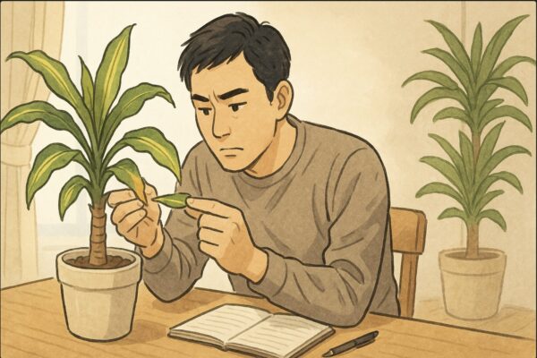 日本人男性が机の上のドラセナを観察し、葉の色の違いや幹の硬さを確認している。横にメモ帳や観察ノートが置かれ、植物の状態を記録している様子。明るい日中の室内