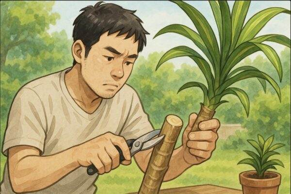 日本人男性が屋外でドラセナの幹を丁寧にカットし、切り口を確認している。背景に緑の庭と植木鉢。集中した表情。