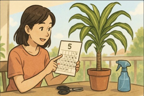 日本人女性がベランダでドラセナを前に、カレンダーを指差しながら5月の欄を確認している。隣に剪定バサミと霧吹きが置かれている。明るい屋外の日差し。