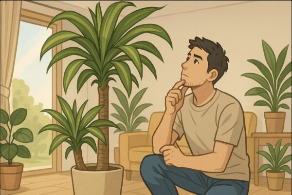 日本人男性がリビングで天井に届きそうな大きなドラセナ・マッサンゲアナを見上げながら、どこを剪定するか考えている。窓から柔らかい日差し、観葉植物に囲まれた室内。