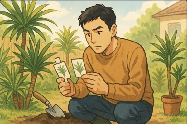 日本人男性が庭の一角でスコップを手に、ドラセナを植えようとする前に品種ラベルを見比べている。背景には明るい日差しと家庭の庭。慎重な表情で、南国風の植物が並ぶ様子。