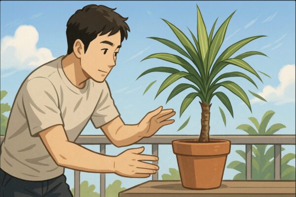 日本人男性がベランダで鉢植えのドラセナを前に、日光や風を確認しながら置き場所を調整している。背景に晴れた青空と少しの雲、植物の葉が風に揺れている。