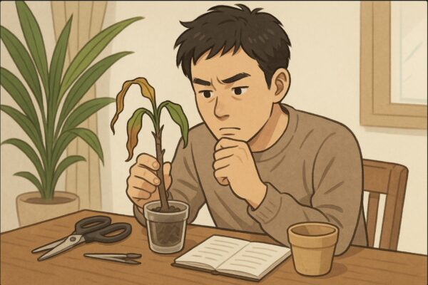 日本人男性が室内のテーブルで、枯れかけたドラセナの挿し木を前に観察している。手元には清潔なハサミや小さな鉢、ノートが置かれ、真剣な表情で原因を考えている。やわらかい自然光の中で観葉植物を扱う雰囲気。
