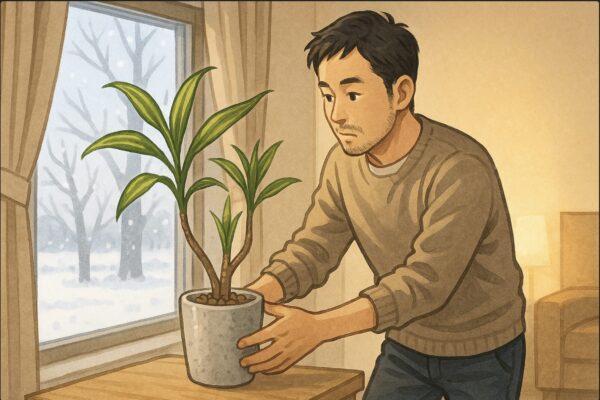 日本人男性が冬の室内で、ハイドロカルチャーのドラセナを窓辺から少し離れた場所に移動させている。外は雪景色で、暖かい照明の中で慎重に配置を調整している。