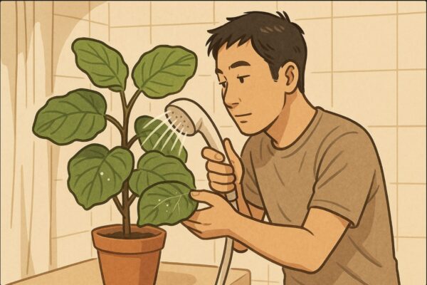 日本人男性が浴室でウンベラータを持ち、シャワーの水流で葉の裏を丁寧に洗い流している具体的な動作。水がしっかり当たっている場面。