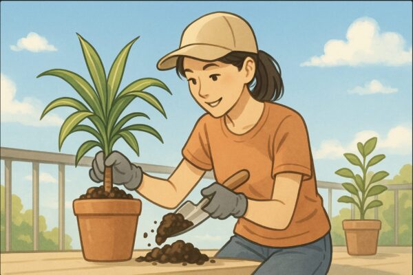 日本人女性が春の日差しの差すベランダで、ドラセナの鉢植えを植え替えている。明るい空、手にはスコップと手袋。新しい土を入れ替える瞬間。