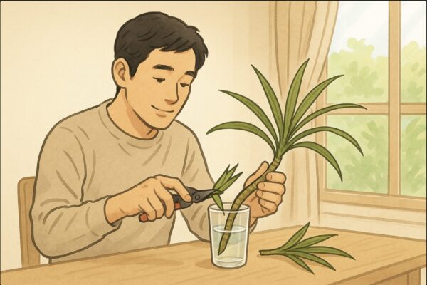 日本人男性が折れたドラセナの穂先をハサミで斜めにカットし、水の入ったコップに挿している。清潔な作業台と明るい自然光。穏やかな表情。