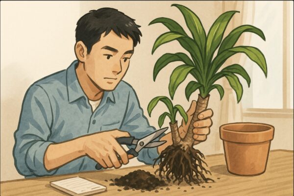 日本人男性がドラセナを鉢から抜き、黒く傷んだ根をハサミで慎重にカットしている。作業台の上には新しい土と鉢が用意されている。屋内の明るい園芸作業シーン。