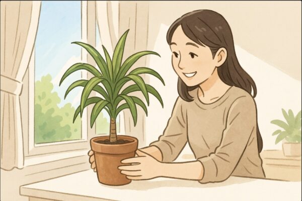 日本人女性が健康なドラセナを窓辺に置き、光の当たり方や風通しを確認している。明るく清潔な部屋で、笑顔でドラセナを見つめる姿。再生後の明るい未来を感じさせる構図。