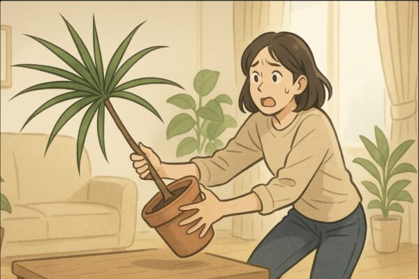 日本人女性が、バランスの崩れたドラセナ・コンシンネの鉢が傾いて倒れかけたのを慌てて支えている。幹が細長く、頭部の葉が重い状態。リビングの一角、日中の自然光。