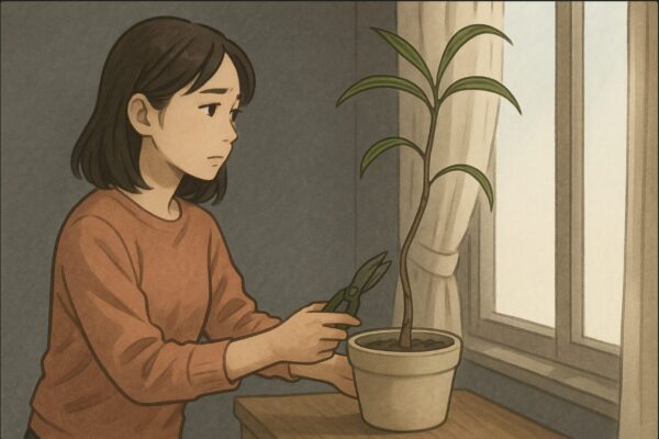 日本人女性が日陰の部屋で、光を求めて伸びたドラセナを見つめ、鉢を窓際に移動させようとしている。植物の茎が細く間延びしている様子が分かる。