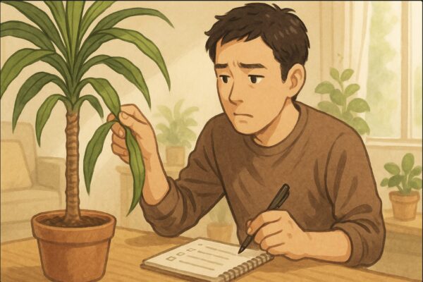 日本人男性がドラセナの鉢の葉を手で持ち上げ、垂れ下がった葉の状態を確認している。横に置いたノートに「チェックリスト」を取るような仕草。やや心配そうな表情、日光が差し込むリビング。