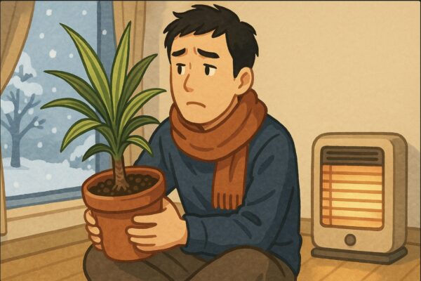 日本人男性が冬の室内で暖房の前に座り、寒そうな外を見ながらドラセナの鉢を抱えて悩む姿。外は雪景色。寒さを避けて植え替えを我慢するイメージ。