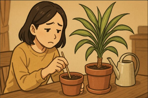 日本人女性が室内でドラセナの鉢の土に竹串を刺して湿り具合を確かめている。横にジョウロが置かれ、水やりを我慢する表情。暖かい照明と木製テーブル。