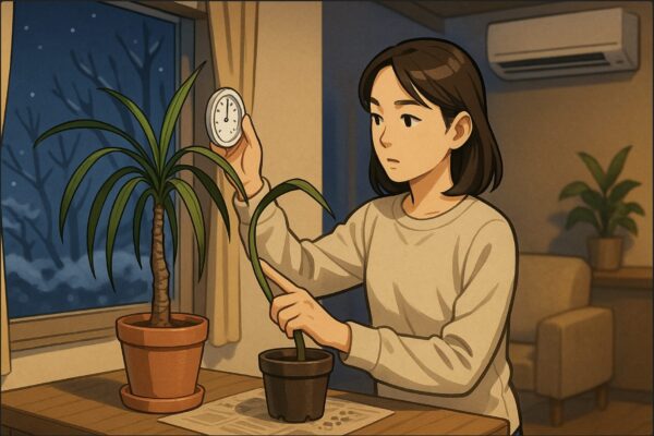 冬の室内で、日本人女性が窓際に置かれたドラセナ・コンシンネを夜用に室内中央へ移動させているシーン。片手で鉢を持ち、もう片手でエアコンの風向きや室温を確認するように温度計を見ている。窓の外は寒色系の冬景色で室内は暖色系、ドラセナは室内の暖かいゾーンに移されるところ。