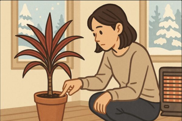 日本人女性がストーブのある冬の室内で、赤いドラセナの土に触れて温度や乾き具合を確認している。窓の外には札幌らしい雪景色。明確な「冬越しチェック」動作。