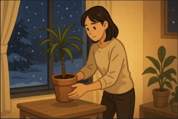 日本人女性が夜の室内でドラセナを窓際から部屋の中央へ移動させている。外には雪景色、暖かな照明の中で植物を大切に扱う様子。