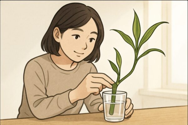 日本人女性がテーブルの上で、切ったドラセナの枝を透明なガラスコップの水に挿している。発根を観察できるような透明感のある明るい構図。