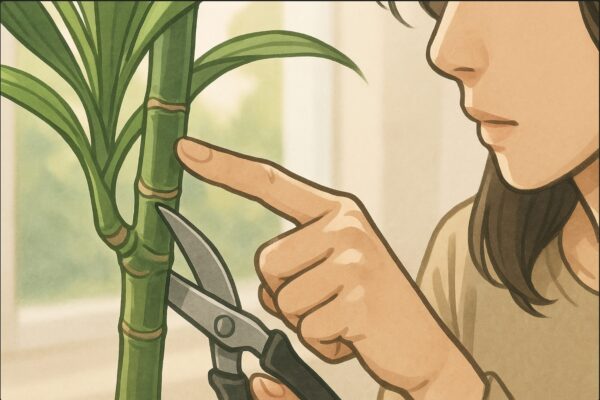 日本人女性がドラセナの茎の節を指差し、そのすぐ上でハサミを当てているクローズアップ構図。焦点は幹の節と指先、背景は柔らかい自然光。