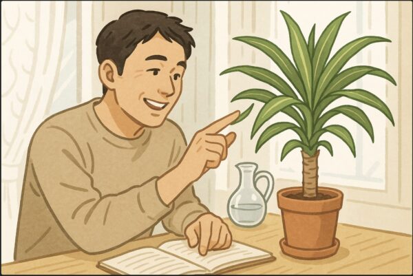 日本人男性が室内の窓辺で、ドラセナの葉の先を指で触れながら笑顔で観察している。レースカーテン越しに光が差し込み、隣に水差しと園芸ノートが置かれている。