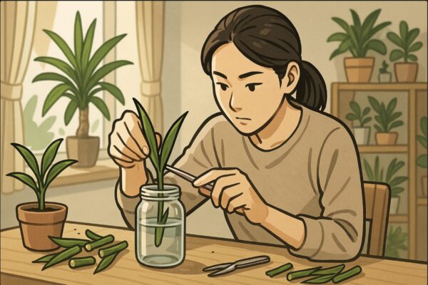 日本人女性が水を入れた透明な瓶にドラセナの挿し穂を差し込んでいる。テーブル上にはカットした枝や小さな鉢、手元にピンセット。集中した表情で作業する場面。