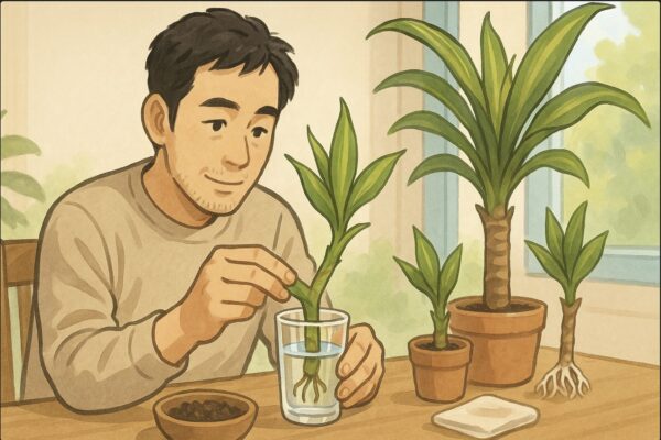日本人男性がテーブル上で切ったドラセナの枝を透明なコップの水に挿している。周囲に清潔な土や小さな鉢、発根した枝。希望を感じる穏やかな雰囲気。