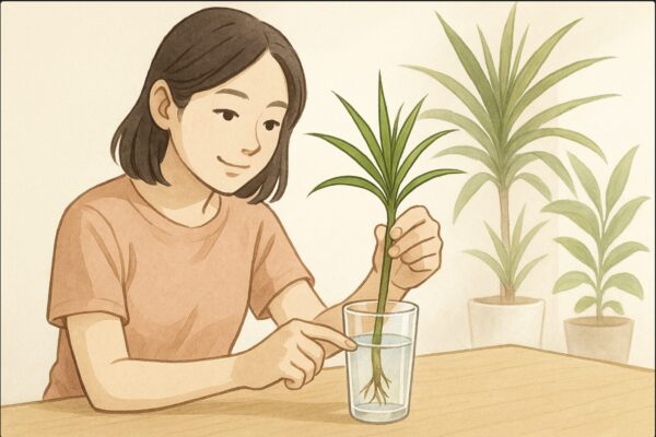 日本人女性がテーブルの上で剪定したドラセナの枝を透明なガラスコップの水に挿している。根が少し伸び始めた様子が見える構図で、再生の希望を感じる場面。明るく清潔な雰囲気。