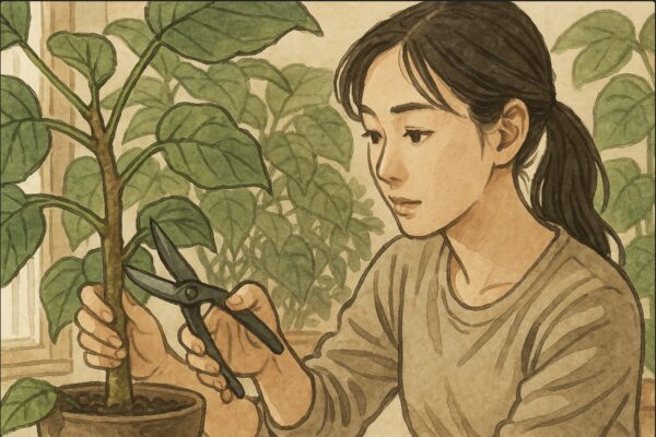 日本人女性がウンベラータの枝をハサミで剪定している瞬間を捉えた場面。片手で枝を支え、もう片方の手で刃を入れる姿。切り落とす枝の周囲は混み合っていて、剪定の意図が明確に分かる構図。