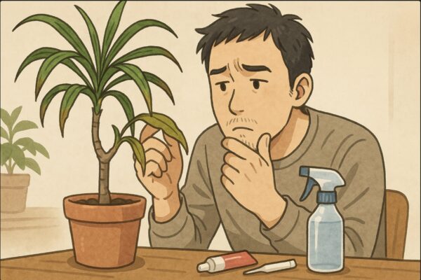 日本人男性が少ししおれたドラセナ・コンシンネを前に、悩んだ表情で葉を観察している。テーブルにはスプレーや癒合剤のチューブが置かれ、原因を探るようなシーン。