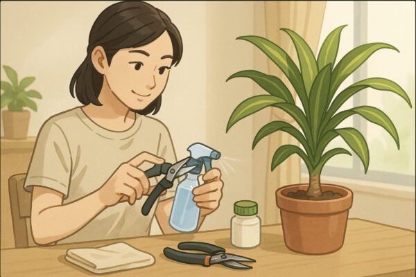 日本人女性がテーブルの上で剪定バサミをアルコールスプレーで消毒している。隣に癒合剤や布巾、ドラセナの鉢が置かれている。清潔感のある明るい室内。