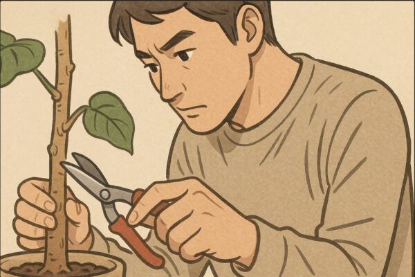 日本人男性がウンベラータの枝を剪定ハサミで節の少し上を狙ってカットしている瞬間。切り口や幹をしっかり見て位置を確認する動作がわかる構図。