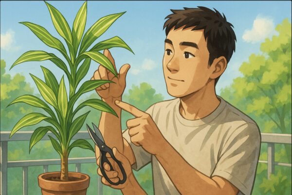 日本人男性が5月の明るいベランダでドラセナ・サンデリアーナの枝先を軽く持ち上げ、ハサミを入れる位置を指で示している。背景に青空と新緑、穏やかな春初夏の光。