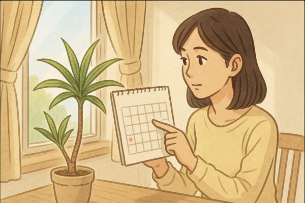 日本人女性が窓際でカレンダーを見ながら、隣に置かれたドラセナ・コンシンネの新芽を見つめている。春の柔らかい光が入る明るい室内、植物の成長を感じさせる穏やかな雰囲気。