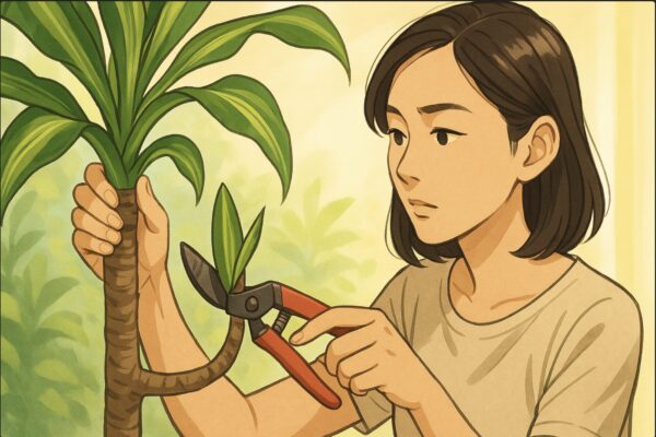 日本人女性がドラセナの幹を手で支えながら、節の位置をよく観察している。ハサミを持ち、カット位置を慎重に見定める姿。近くに明るい日差し。