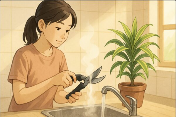 日本人女性がキッチンのシンクで剪定バサミの刃先に熱湯をかけて消毒している。湯気が立ち上る清潔な雰囲気で、横にドラセナの鉢が置かれている。