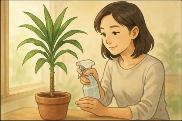 日本人女性が剪定後のドラセナを明るい日陰に置き、霧吹きでやさしく葉に水を与えている。鉢の周りに柔らかな光、穏やかな表情。