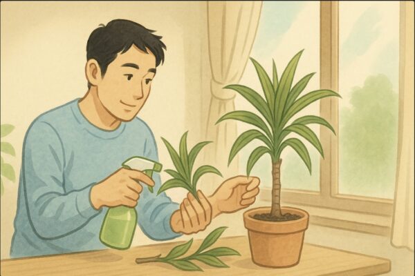 日本人男性が明るい日陰の窓辺にドラセナの鉢を置き、霧吹きで優しく水をかけている。直射日光を避けた柔らかい光の環境。穏やかな表情で植物をケアする姿。