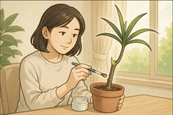 日本人女性が剪定後のドラセナ・コンシンネの切り口に癒合剤を塗っている。落ち着いた明るい室内、清潔な作業スペース。新芽が芽吹く雰囲気を感じさせる。